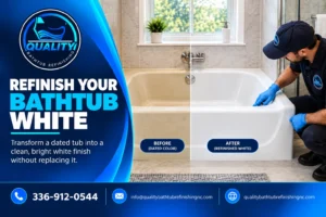 Beige, almond, yellowed, and colored bathtub finishes compared with a professionally refinished white bathtub.