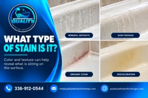 Professional comparing a removable bathtub surface stain with worn and discolored finish.