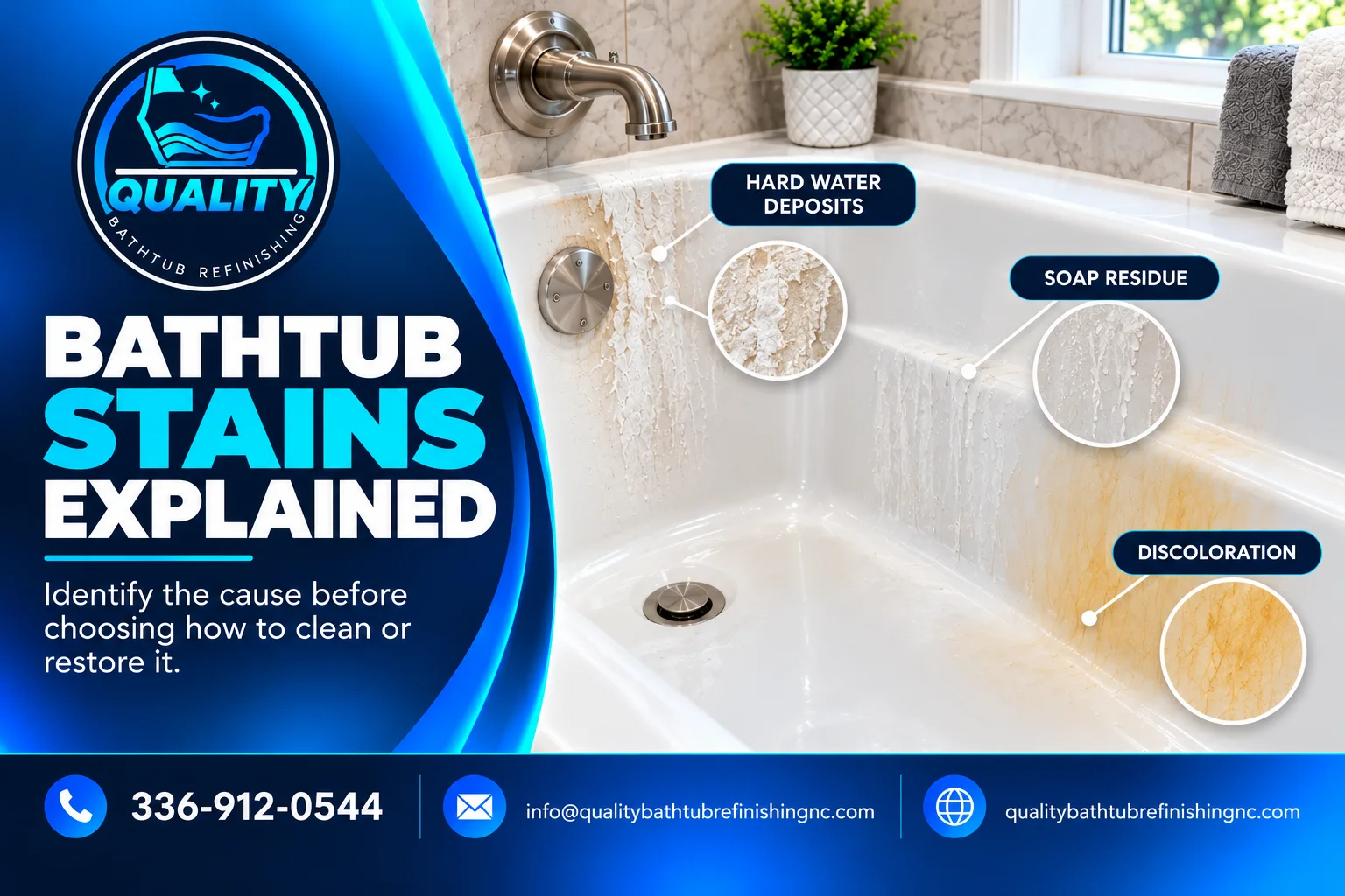 Different types of stains and discoloration visible on a white bathtub surface