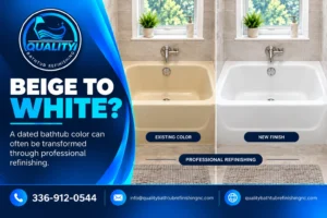 Beige bathtub compared with the same bathtub refinished in a clean white color.
