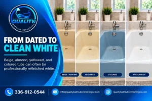 Professional inspecting bathtub damage and surface condition before refinishing the tub white.