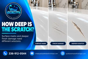 Comparison of a superficial bathtub scratch, finish damage, and a deeper scratch.