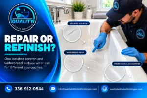 Professional comparing an isolated bathtub scratch with widespread surface wear before choosing repair or refinishing.