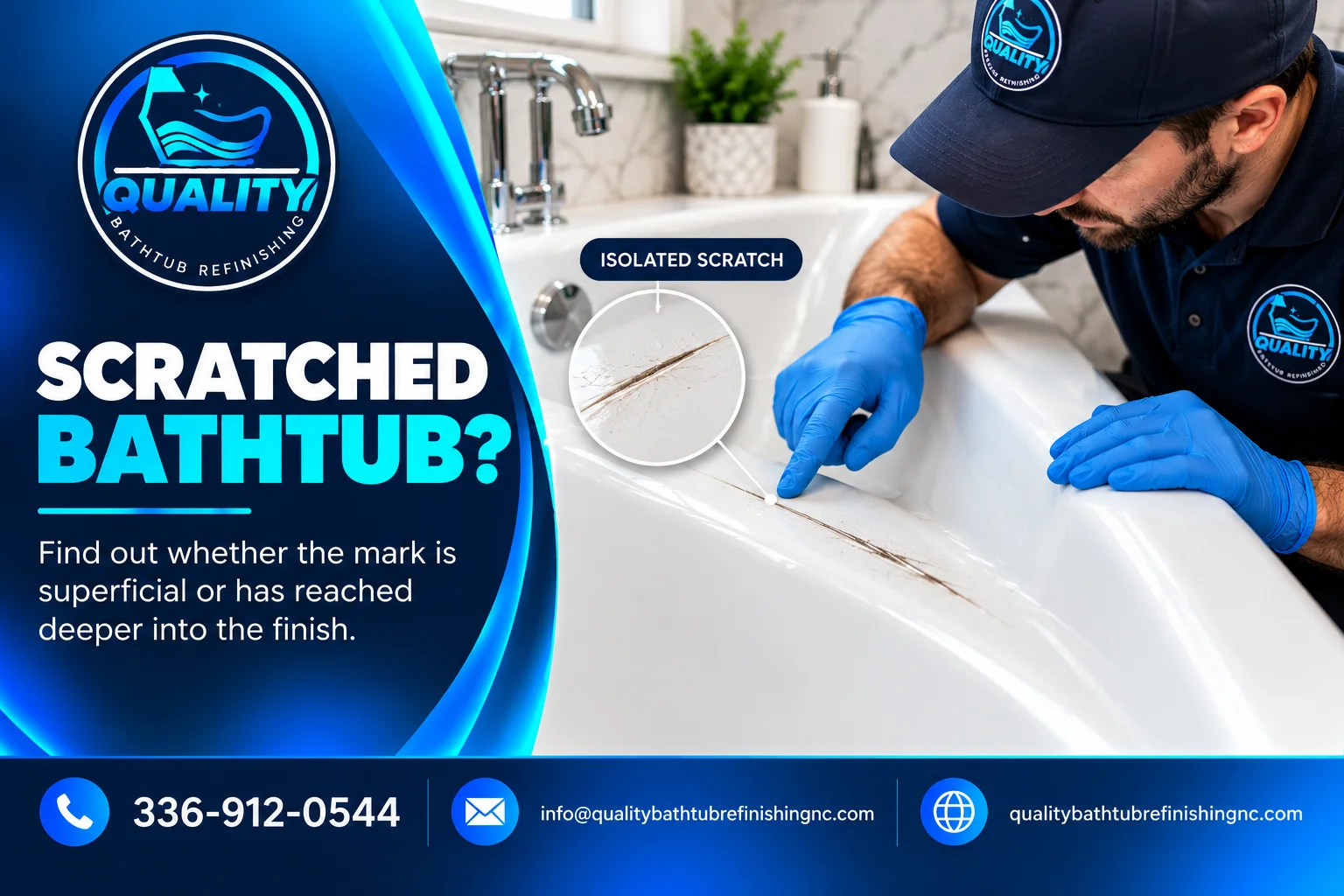 Professional inspection of a scratch on a white bathtub surface.