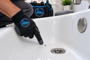 Technician inspecting a small chip and hairline crack in a porcelain bathtub before refinishing 