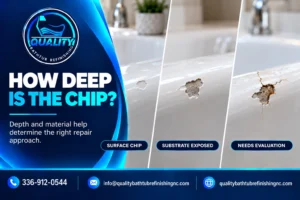 Comparison of a shallow bathtub surface chip, a deeper chip exposing the substrate, and more extensive chip damage.