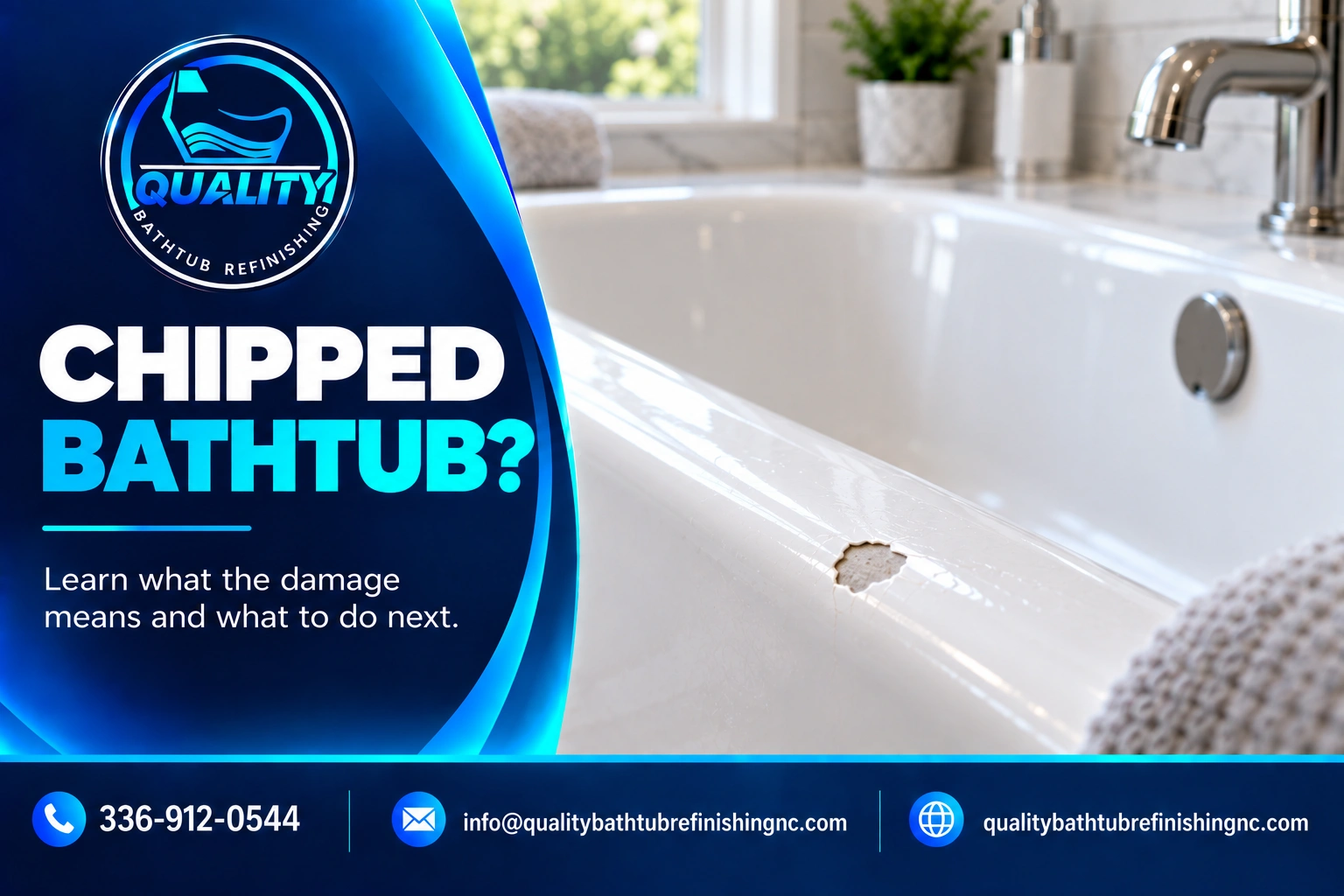 Close-up of a chipped white bathtub surface showing a small damaged area that may need repair.
