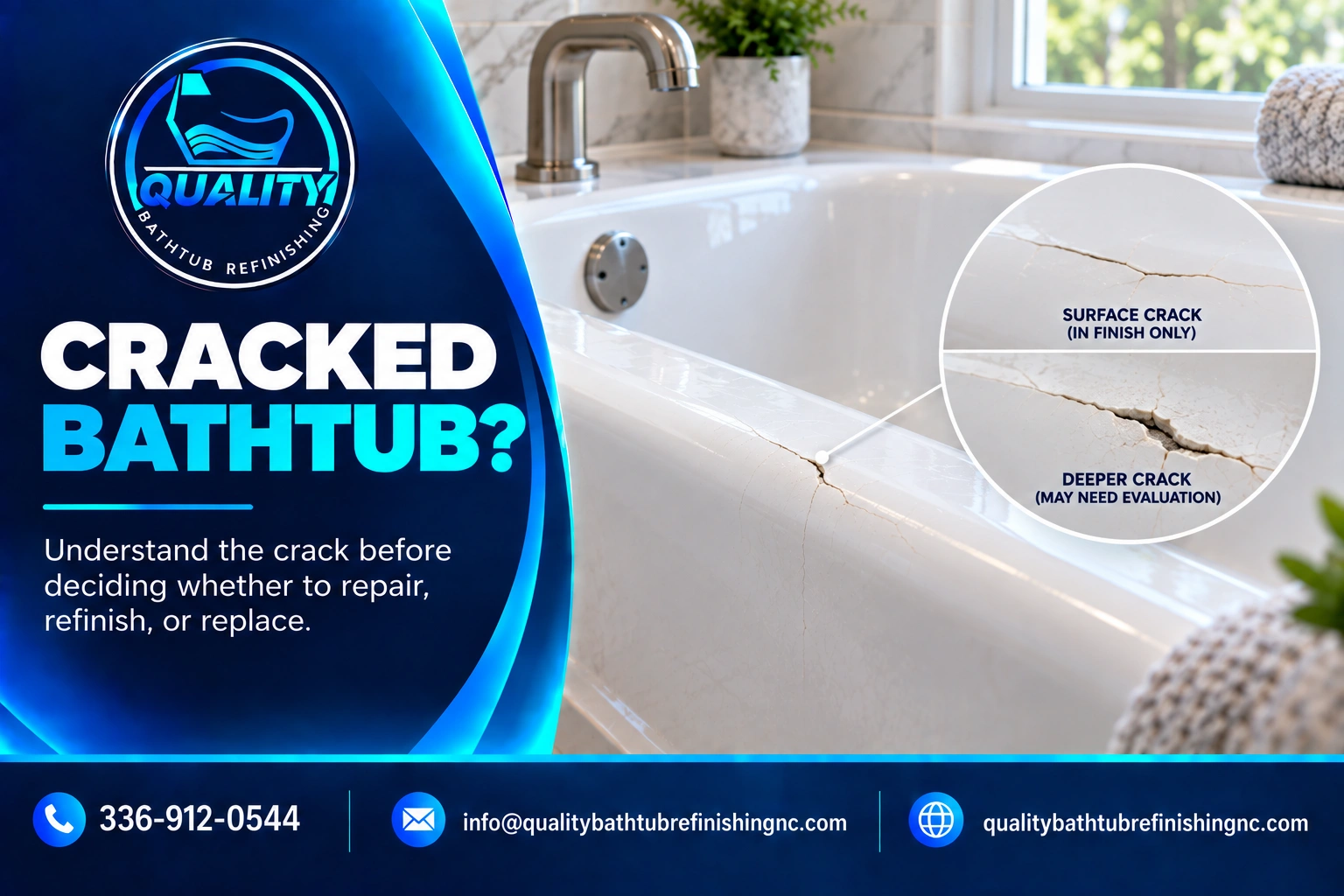 Cracked white bathtub showing a visible surface crack that may require professional repair assessment.