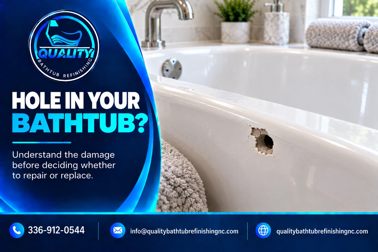 Hole in a white bathtub showing localized material damage that may require professional repair or replacement assessment.