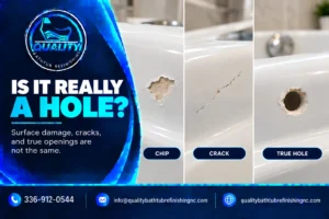 Comparison showing the difference between a bathtub chip, crack, and true hole through the tub material.