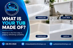 Comparison of porcelain, cast iron, fiberglass and acrylic bathtub materials for refinishing suitability.