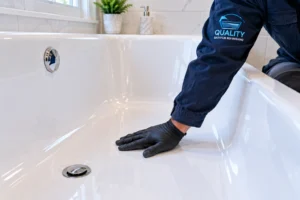 Professional technician checking a bathtub surface for cracks and flexing before refinishing
