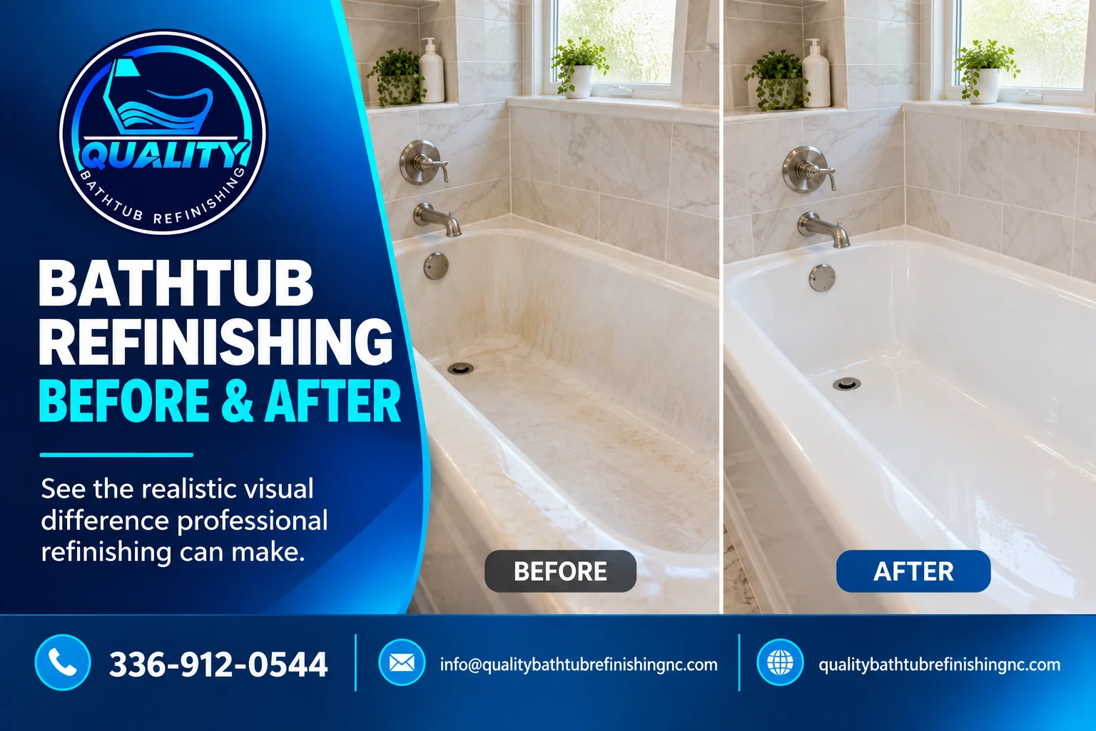 Bathtub refinishing before and after comparison showing a worn tub restored to a clean white finish.