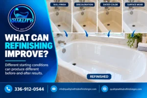 Common bathtub surface conditions compared with a clean professionally refinished bathtub.
