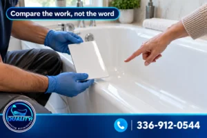 Technician and homeowner comparing a finish sample with a freshly refinished glossy white bathtub