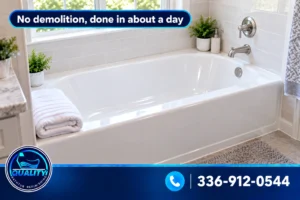 Freshly refinished white bathtub completed without demolition in a clean modern bathroom