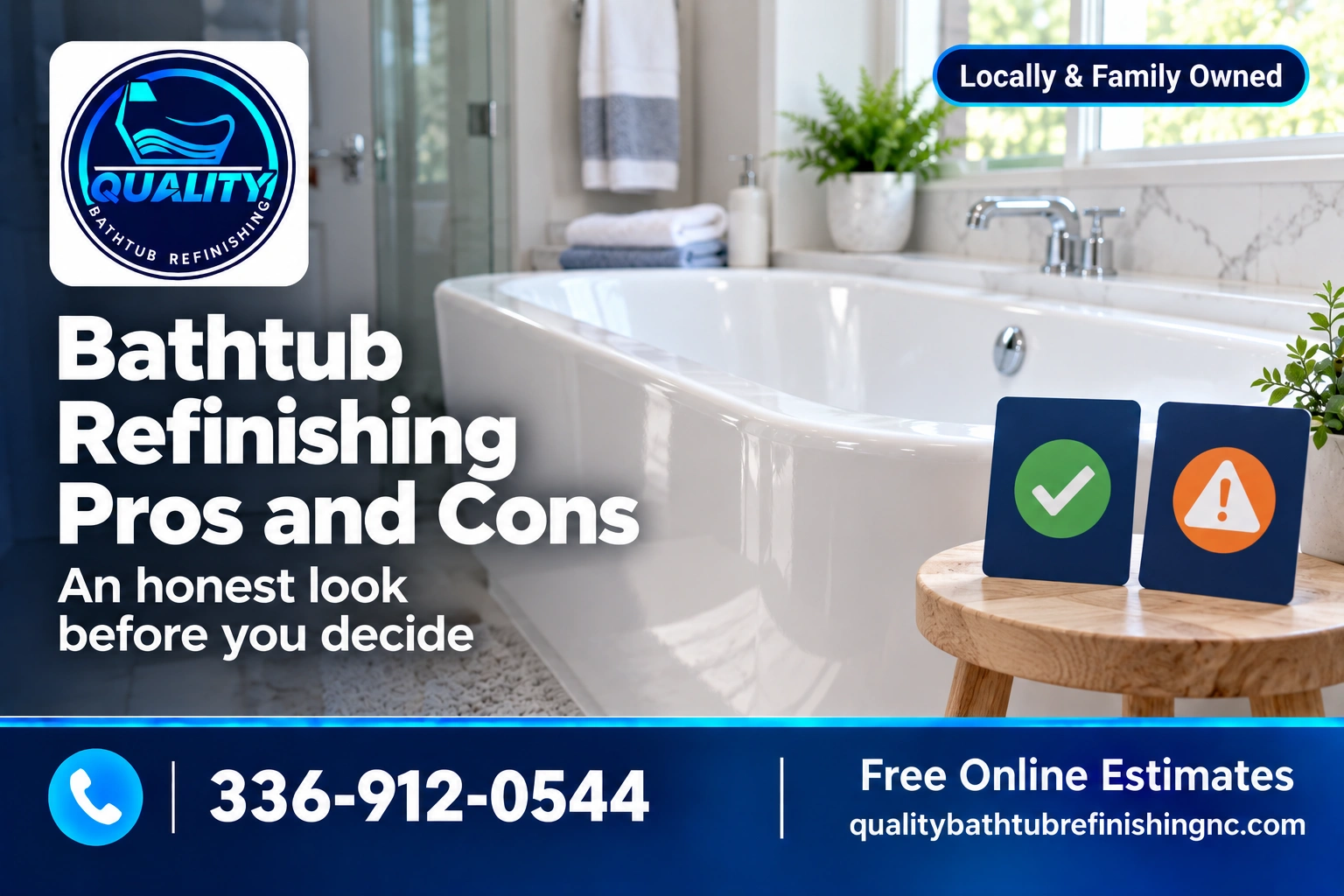 Glossy white refinished bathtub showing the pros and cons of bathtub refinishing