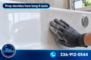 Bathtub surface preparation showing glossy old finish and sanded surface ready for refinishing