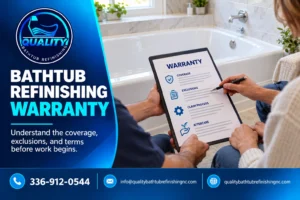 Bathtub refinishing technician inspecting peeling, chipping, blistering, and coating failure on a refinished surface. 