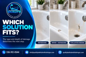 Comparison showing bathtub damage that may need refinishing, repair plus refinishing, or professional evaluation.