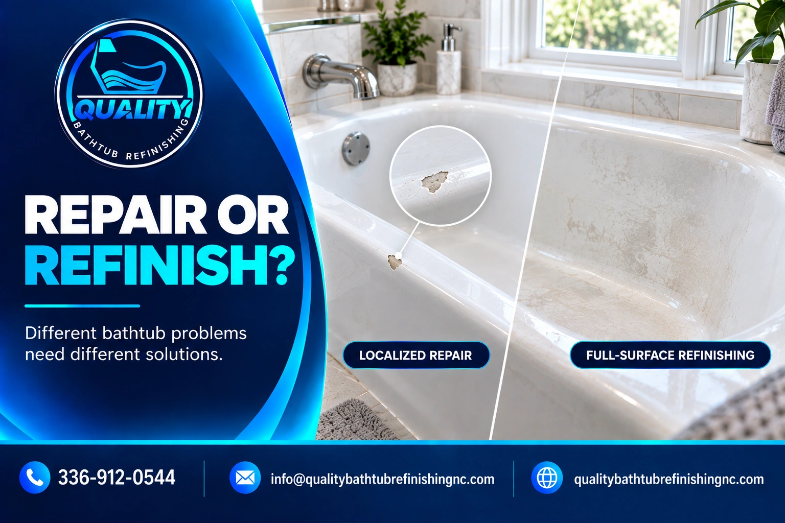 White bathtub illustrating the difference between localized bathtub repair and full-surface refinishing.