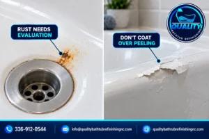 Bathtub surface showing a rust spot and a previously refinished coating that is peeling.