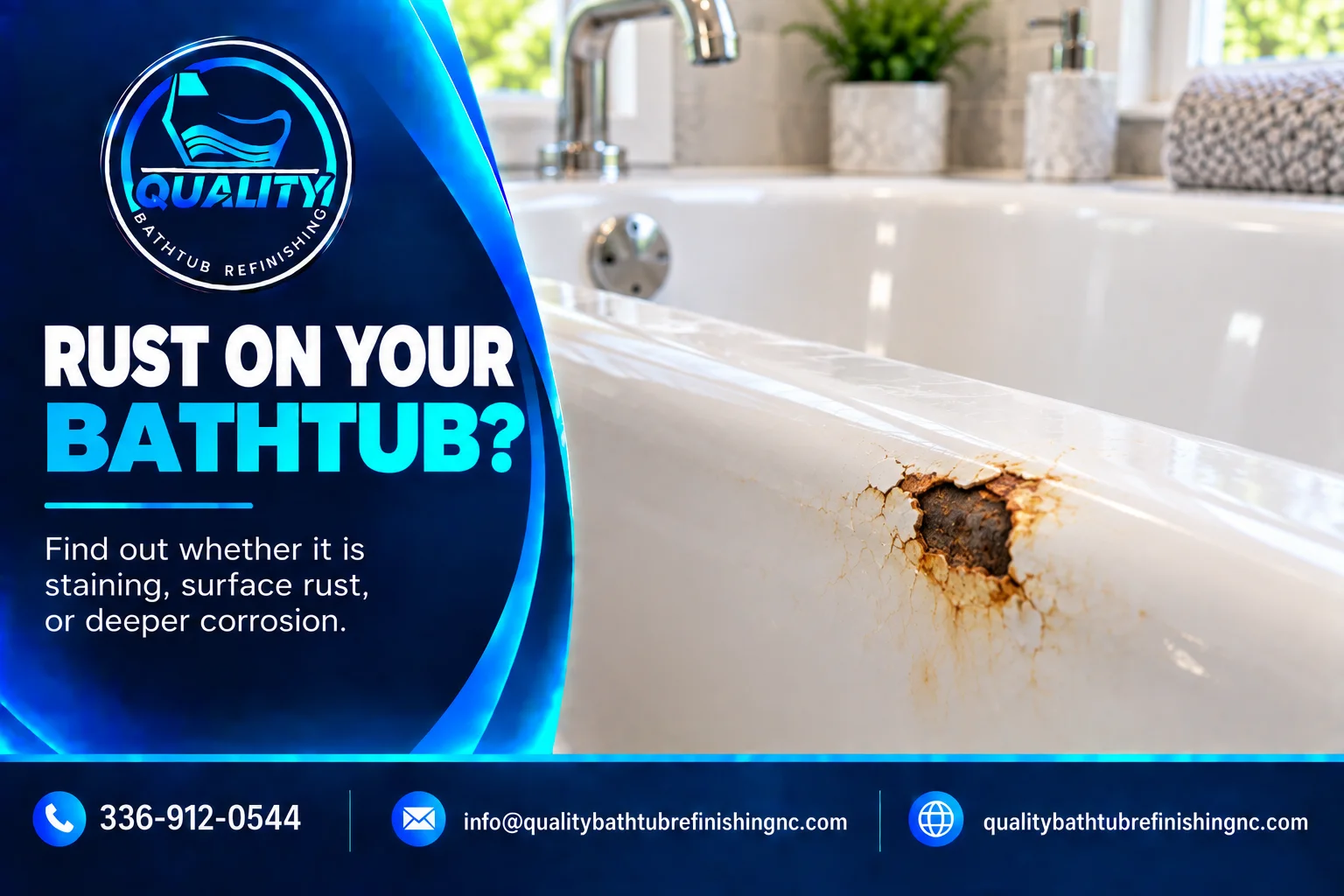 Rust developing around damaged enamel on a white metal bathtub.