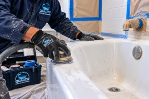 Technician sanding an old bathtub surface to prepare it for professional refinishing