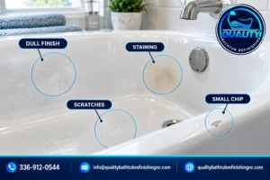 Close-up examples of a dull bathtub finish, staining, scratches and a small chip.