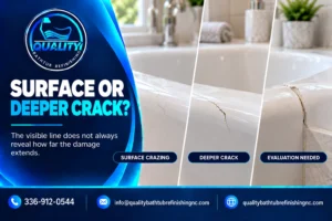 Comparison of bathtub surface crazing, a deeper crack, and crack damage that needs professional evaluation.