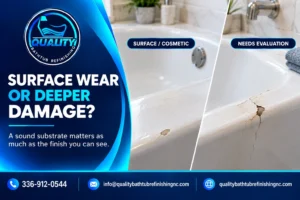 Bathtub comparison showing cosmetic surface wear versus deeper damage that needs professional evaluation.