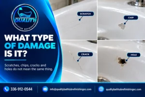 Examples of bathtub surface damage including scratches, a chip, a crack and a hole.