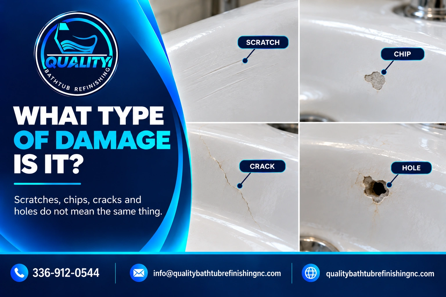 Examples of bathtub surface damage including scratches, a chip, a crack and a hole.