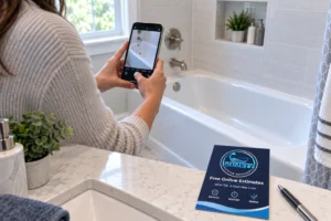 Homeowner taking bathtub photos to request a free online refinishing estimate in North Carolina