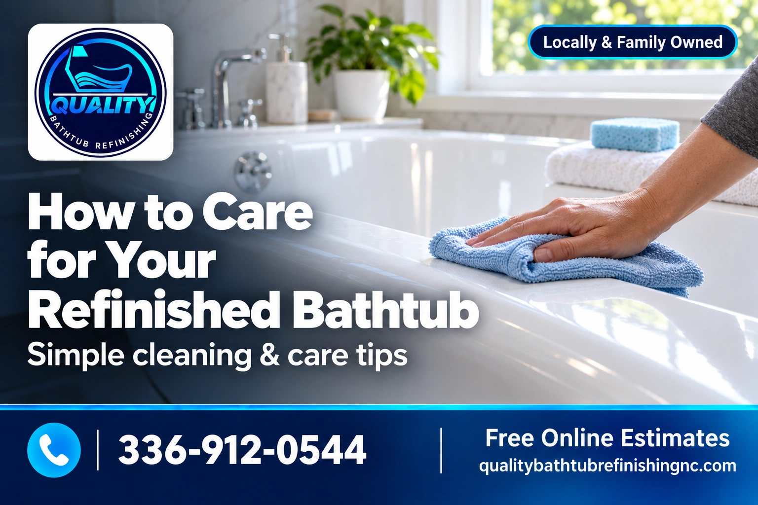 Hand gently cleaning a glossy white refinished bathtub with a soft microfiber cloth