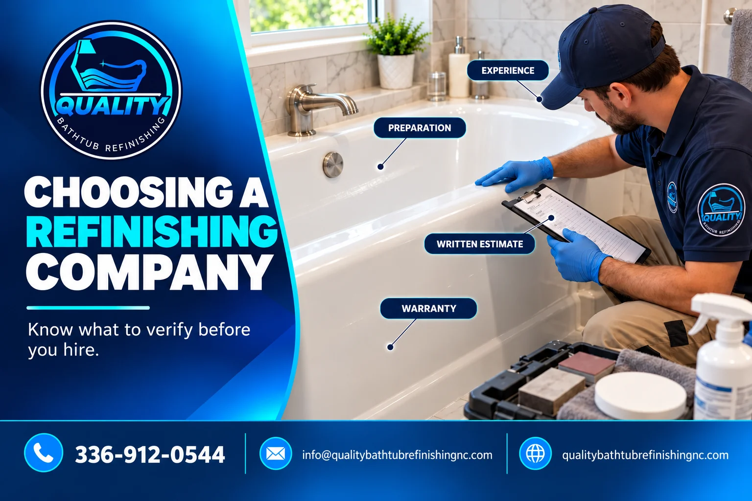 Professional inspecting a bathtub while a homeowner evaluates a bathtub refinishing company.