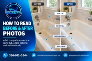 Before and after bathtub refinishing photos compared using the same angle, lighting, and visible surface details.


