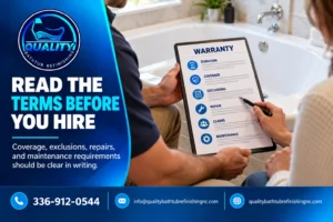 Homeowner reviewing bathtub refinishing warranty duration, coverage, exclusions, claims, and maintenance requirements. 