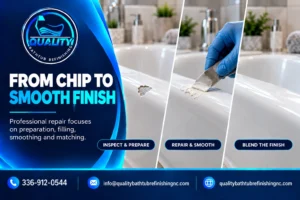 Professional bathtub chip repair progression from damaged surface through preparation and repair to a smooth blended finish.