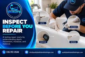 Professional inspecting a cracked bathtub for depth, movement, moisture, and material condition before repair.