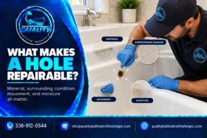 Professional inspecting a bathtub hole and surrounding material for cracks, movement, and moisture before repair.