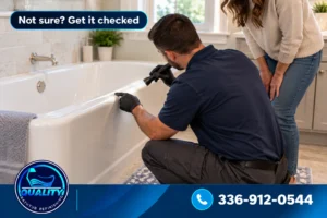 Professional technician inspecting a bathtub while a homeowner watches in a North Carolina home