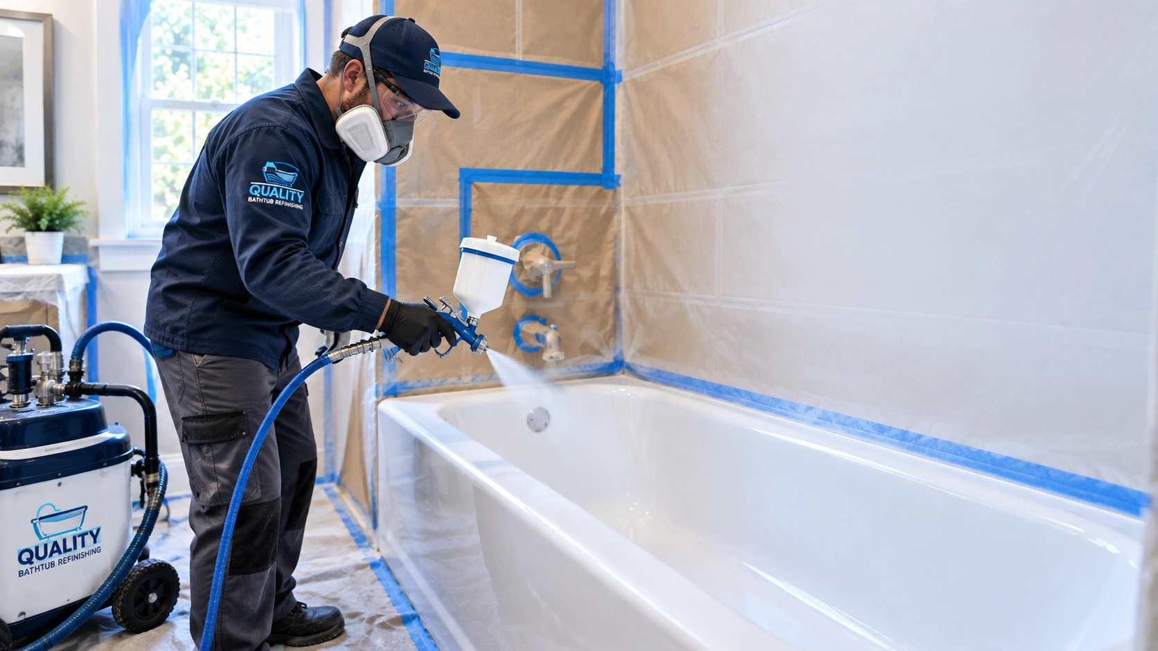 Professional technician spraying a white coating during bathtub refinishing in North Carolina