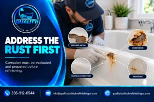 Professional inspecting exposed metal and corrosion on an enameled bathtub before repair and refinishing.