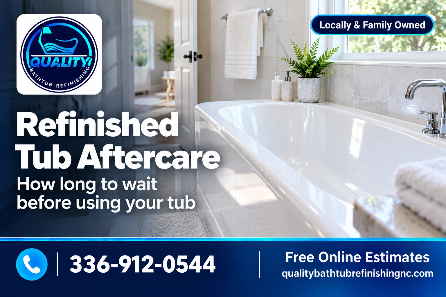 Freshly refinished glossy white bathtub curing before first use