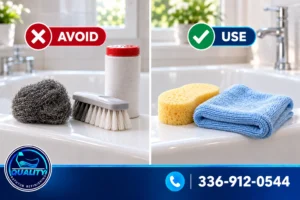 Cleaning tools to avoid and use when caring for a refinished bathtub