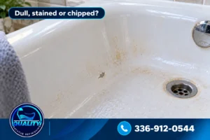 Dull stained and chipped bathtub surface showing common signs that refinishing may be needed