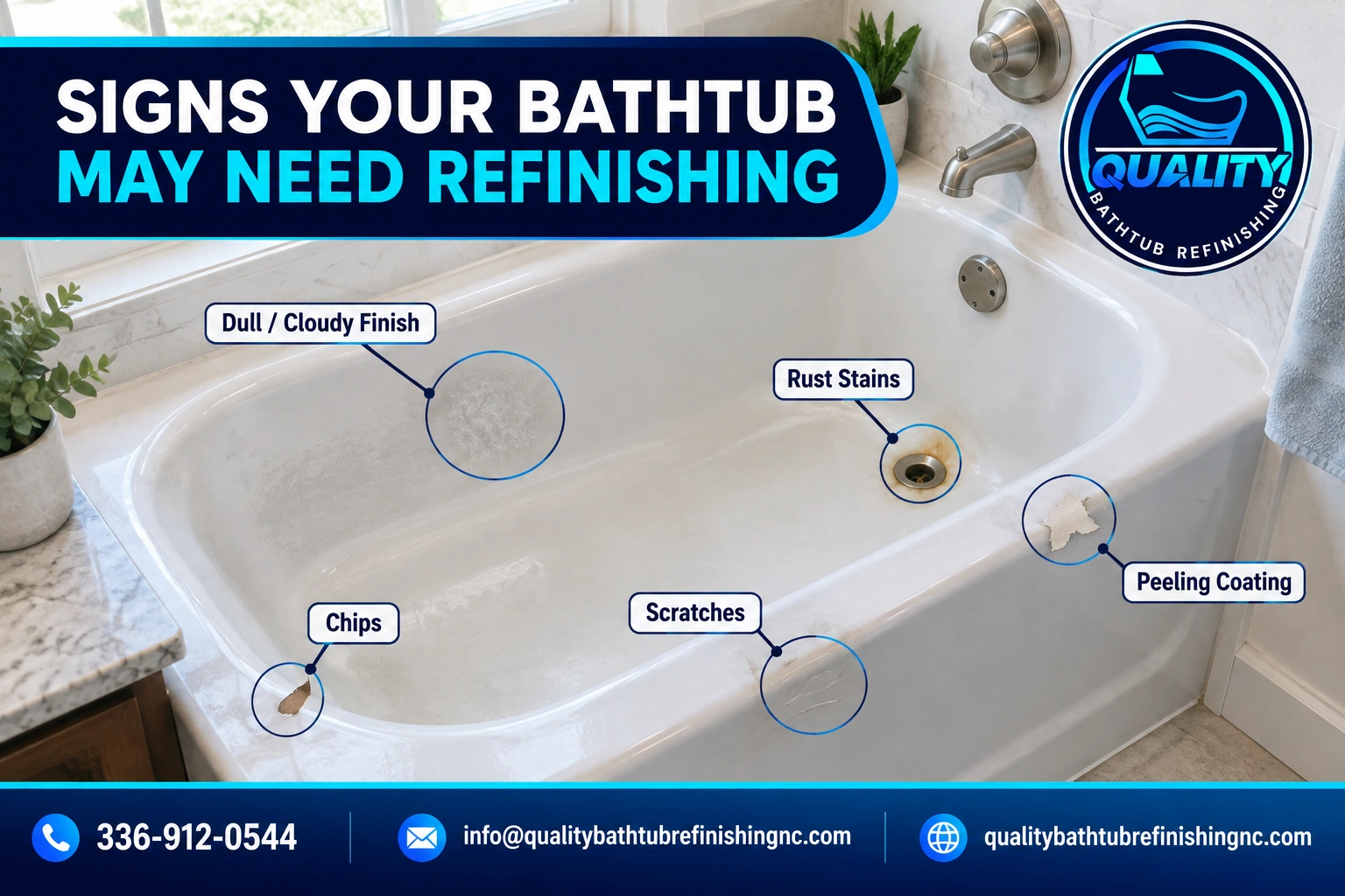 White bathtub showing common signs that may indicate a need for refinishing, including dullness, scratches, a chip, rust and peeling.
