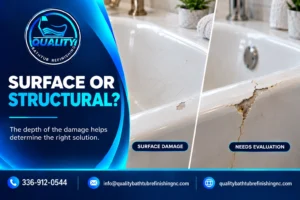 Comparison of cosmetic bathtub surface damage and deeper structural or substrate damage.