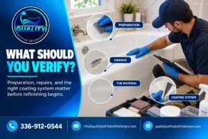 Professional bathtub inspection showing preparation, damage, tub material, and coating considerations before refinishing.